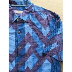 Tommy Bahama 100% Silk Mens Geometric Print‎ Short Sleeve Shirt XL Blue Purple